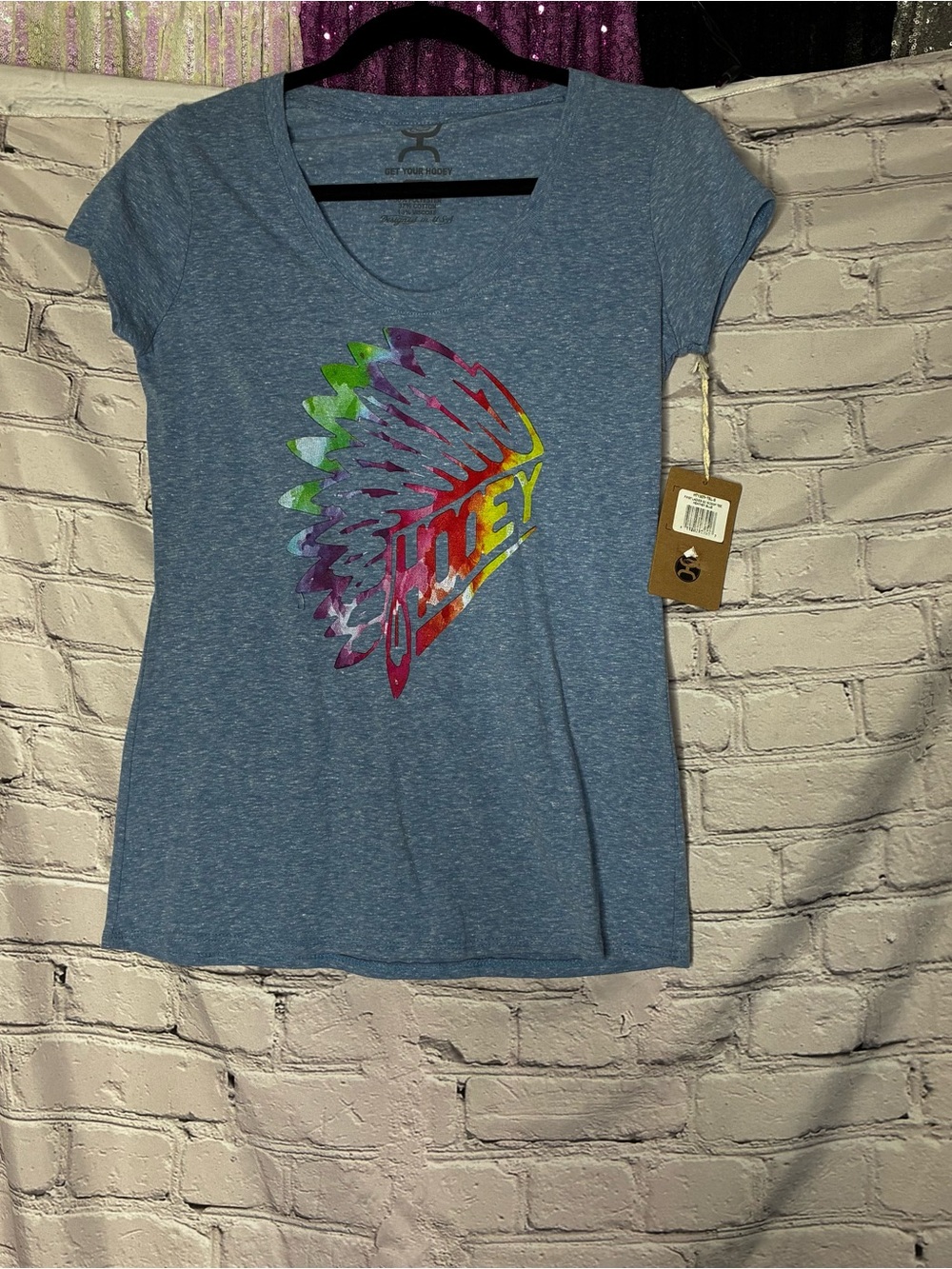 Hooey Women's Blue Graphic Scoop Neck Tee Rainbow Logo Size Small Boho Western